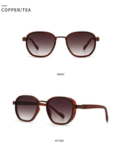 Front and side view of retro slim sunglasses with copper frames and tea gradient lenses