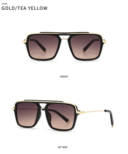 Front and side view of gold-rimmed retro sunglasses with tea yellow gradient lenses