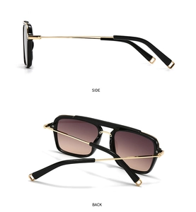 Side and back view of retro sunglasses with black frames and gold metal temples