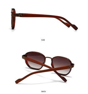 Side and back view of retro narrow sunglasses with tortoiseshell frame and wood grain temples