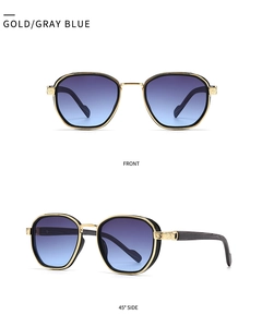 Front and side view of vintage gold metal square sunglasses with gray blue gradient lenses