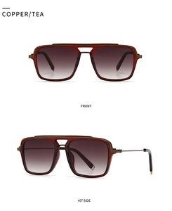 Dual view of copper pilot sunglasses with tea gradient lenses and slim metal frames