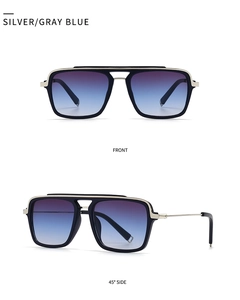 Front and side views of silver frame sunglasses with gray-blue gradient lenses