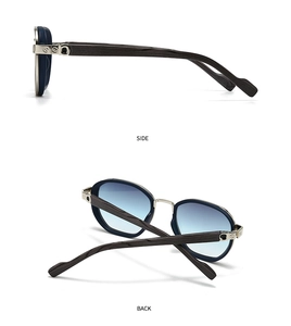 Detail of wooden temples with silver screw accents and blue gradient sunglasses lenses