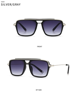 Front and 45-degree views of square aviator sunglasses with silver bridge and gradient lenses