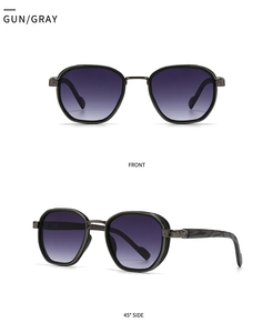 Front and 45-degree side views of retro gunmetal sunglasses with gray gradient lenses