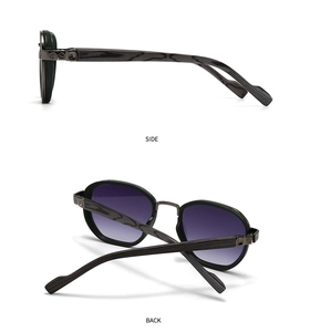 Side and back view of retro narrow sunglasses with wood texture temples and purple lenses