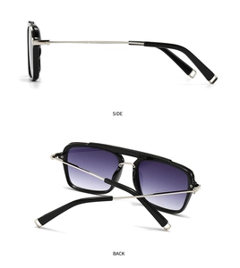 Side and back view of black double-bridge sunglasses with purple gradient lenses