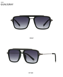 Detailed front and side views of gunmetal square sunglasses with gradient gray lenses