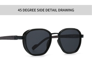 Detail view of black vintage sunglasses featuring distinct dark wood grain texture on temples