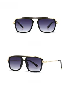 Front and 45-degree side view of black and gold square frame sunglasses with gradient lenses