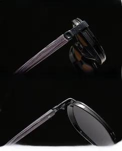 Detail of high-quality metal hinges and wood-textured temples on stylish retro sunglasses