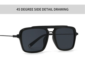 Detailed 45-degree side view of modern black square frame sunglasses with double bridge