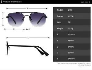 Detailed size specifications and technical parameters for narrow pilot sunglasses model 2456