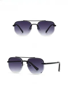 Front and side views of vintage pilot sunglasses with black metal frames and gradient lenses
