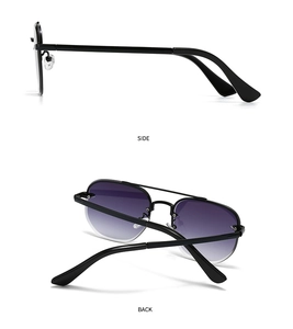 Side and back view of aviator sunglasses with black metal frames and purple gradient lenses