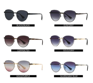 Detail view of small retro sunglasses showing six stylish frame and lens color variations