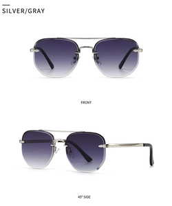 Front and side view of silver pilot sunglasses with purple gradient lenses