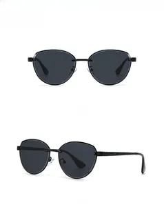 Front and side angles of minimalist black metal polarized sunglasses for women