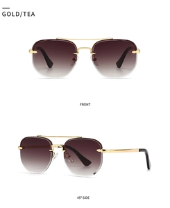 Front and 45-degree angle view of gold-rimless aviator sunglasses with tea gradient lenses