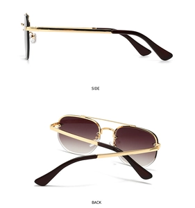 Detailed side and back views of gold pilot sunglasses with brown gradient lenses