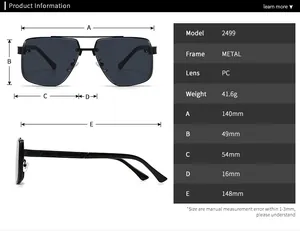 Tableau des tailles détaillé pour lunettes de soleil rétro en métal avec dimensions et poids