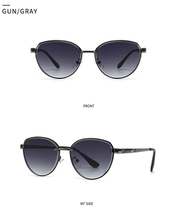 Detailed front and side views of gunmetal metal sunglasses with gray gradient lenses