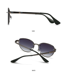 Side and back view of narrow oval sunglasses with gradient lenses and metal frames