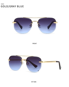 Front and side view of gold metal semi-rimless sunglasses with gray blue gradient lenses