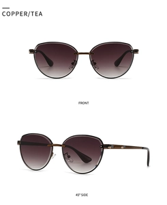 Front and side view of copper frame sunglasses with tea gradient lenses in slim metal style