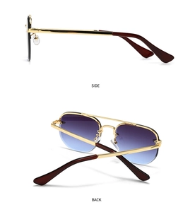 Detailed side and back views of modern rimless sunglasses with gradient lenses and gold temples