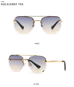 Front and side view of gold metal thin frame sunglasses with gray tea gradient lenses