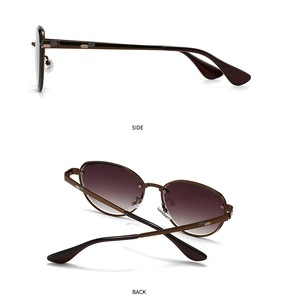 Side and back view of vintage narrow sunglasses with brown metal frame and gradient lenses