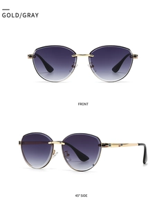 Detailed front and 45-degree side view of gold frame sunglasses with gray gradient lenses