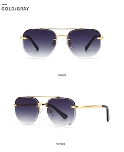 Front and 45-degree side views of gold rimless aviator sunglasses with purple gradient lenses