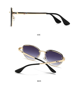 Detail view of gold metal temples with purple gradient lenses and enamel mosaic accents