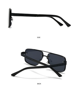 Vues détaillées de profil et de dos de lunettes de soleil rétro noires avec décor géométrique