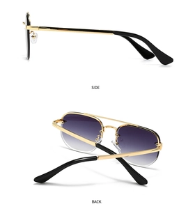 Side and back view of retro aviator sunglasses with gold frames and gradient purple lenses
