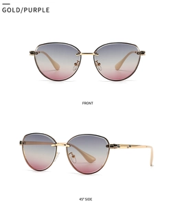 Detailed front and side views of gold metal sunglasses with purple gradient lenses