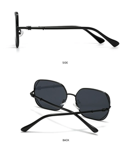 Detailed side and back view of retro narrow black metal sunglasses with textured temples