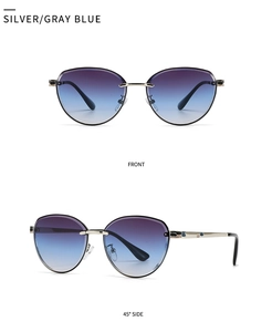 Front and side view of silver metal sunglasses with gray blue gradient lenses
