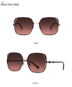 Front and 45-degree side view of oversized square sunglasses in red tea gradient lens