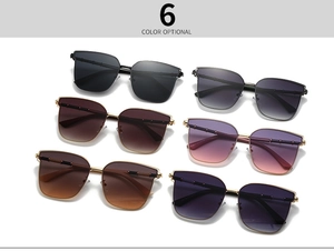 Flat lay display of large square sunglasses in six gradient colors with bamboo metal temples