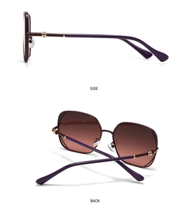 Detail of purple frame sunglasses with decorative golden metal rings on the temple arm