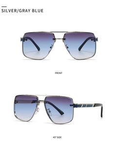 Vues détaillée de face et de profil de lunettes de soleil carrées avec verres dégradés bleus