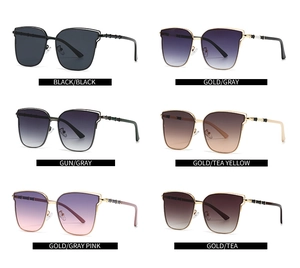 Detail view showing six color variations of oversized sunglasses with bamboo metal temples