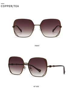 Oversized copper metal frame sunglasses with tea gradient lenses in front and side views