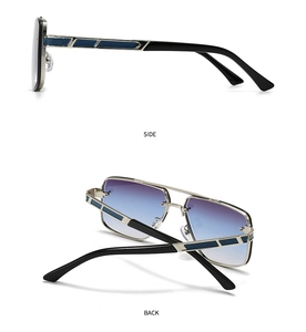 Détail de lunettes de soleil rétro en métal argenté avec verres dégradés bleus, côté et dos