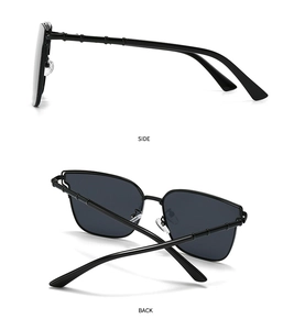 Detail view of black sunglasses with unique bamboo-shaped temple design from side and back