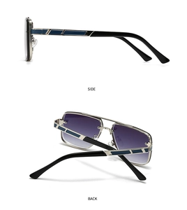 Vues latérale et arrière de lunettes de soleil carrées en métal argenté à verres dégradés